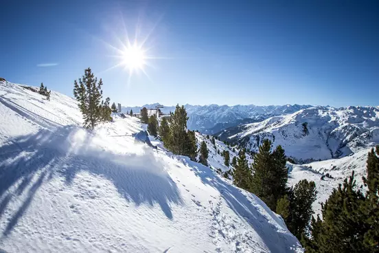 Skifahrer abseits der Piste im Wald bei strahlendem Sonnenschein